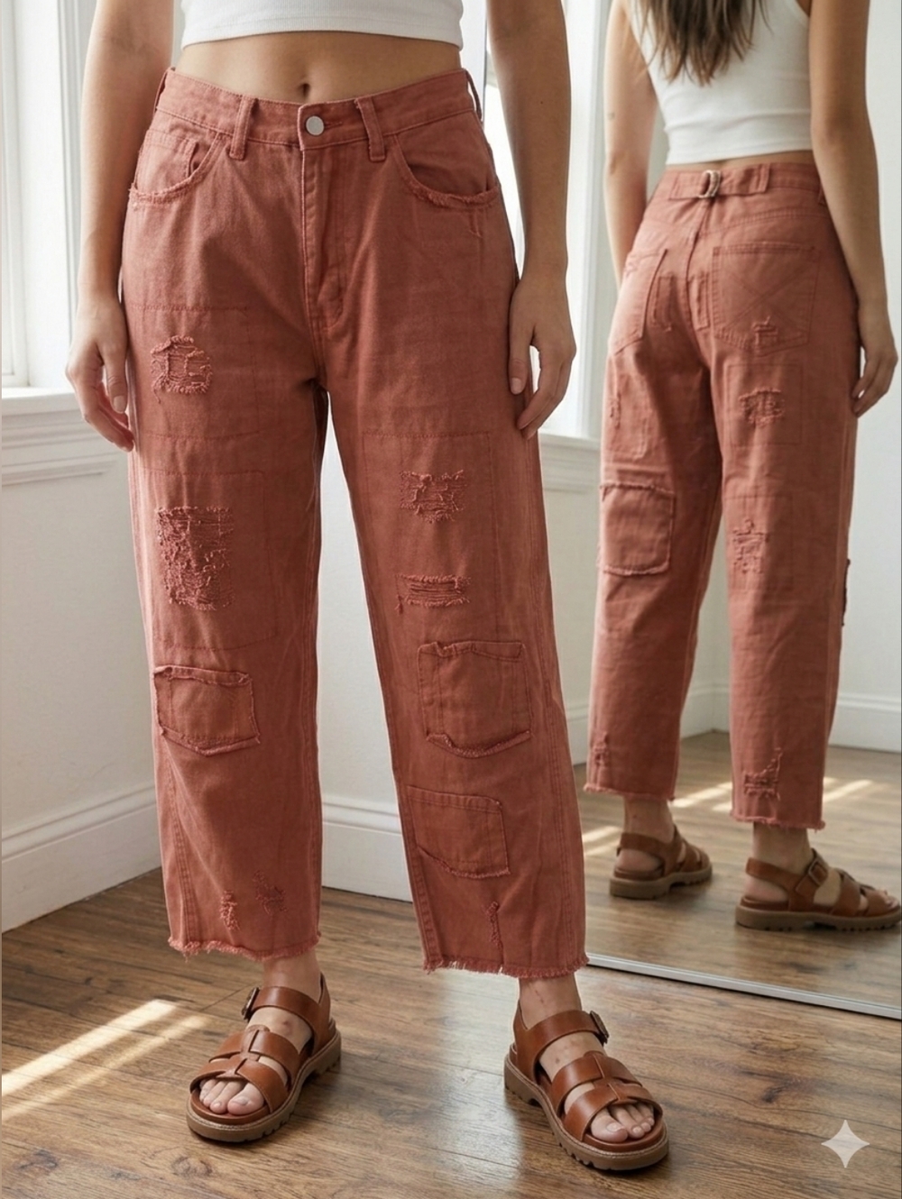 POL Distressed High-Rise Cropped Pants in Rust